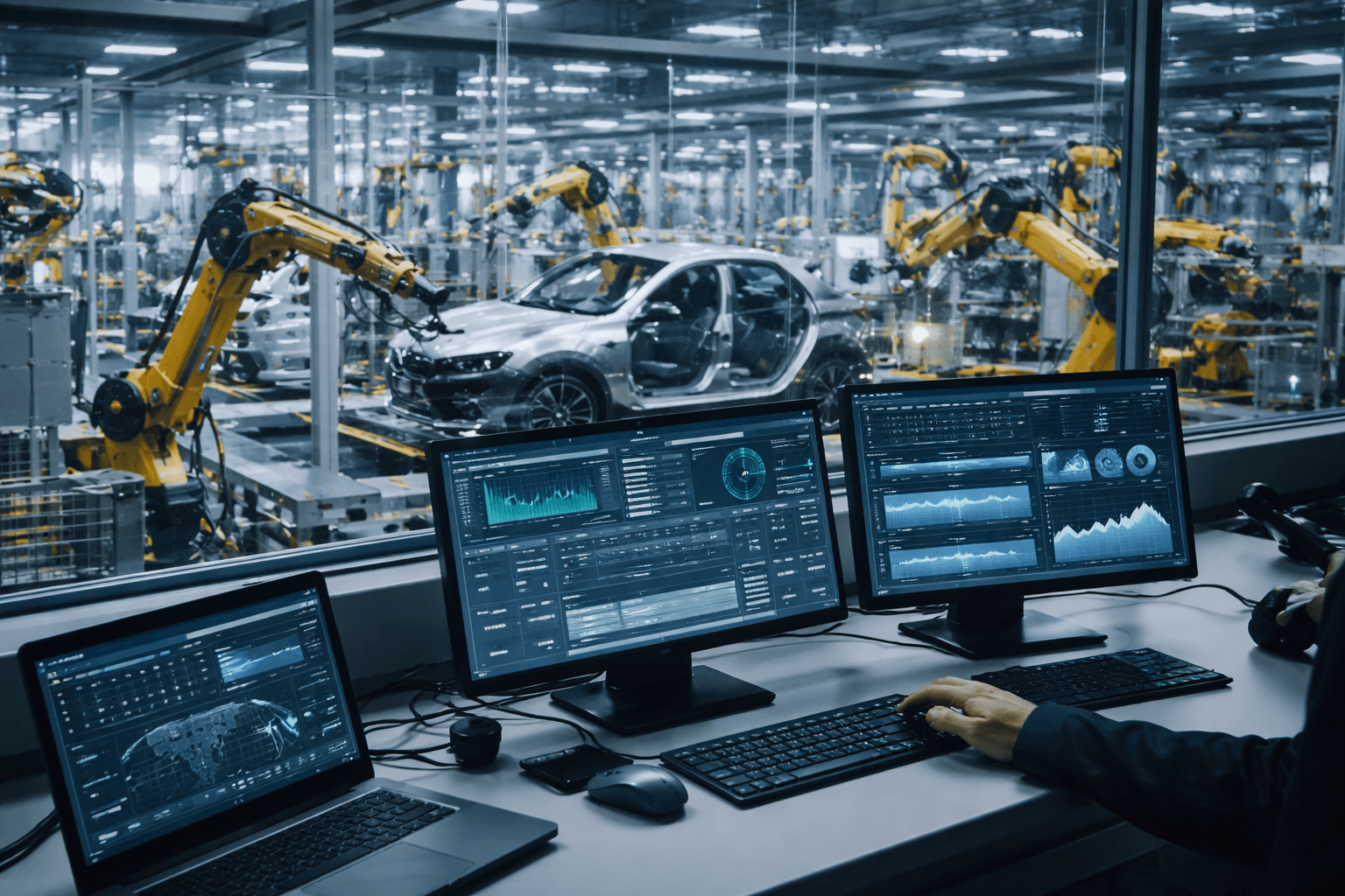 Industrial production line with connected PLCs, robots, and data systems.