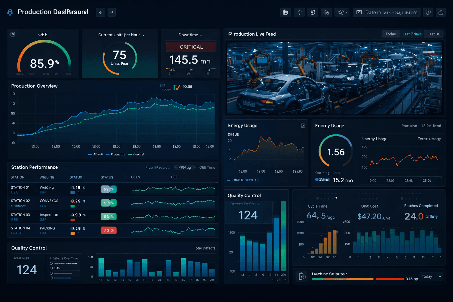 Industrial dashboards visualizing KPIs, machine status, and production performance.